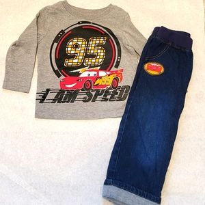 Disney Cars grey long sleeved tee shirt with denim jeans
